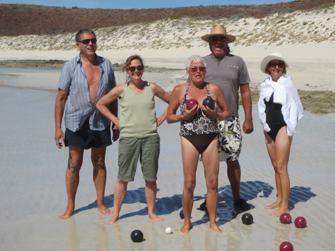 Good times again! A game of bocce ball in 2014: Jon, Jennifer, Thea, Donna and Dennis (S/V Ez Does It)