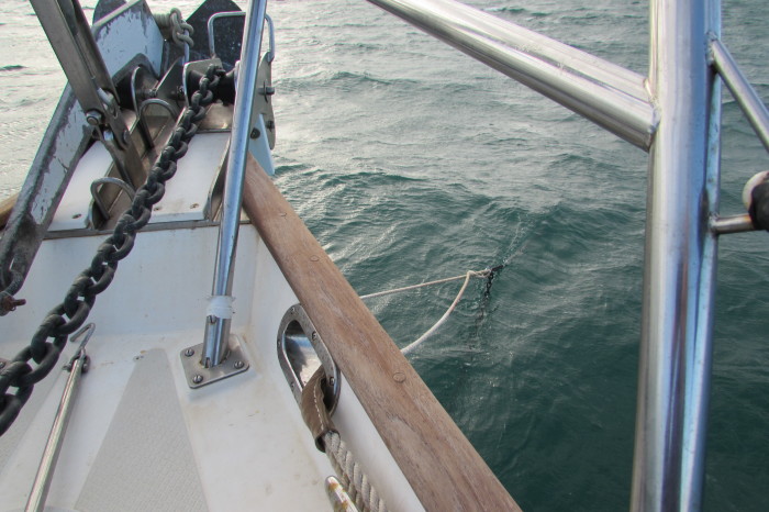 The anchor bridle held well in the 25 - 30 knot winds