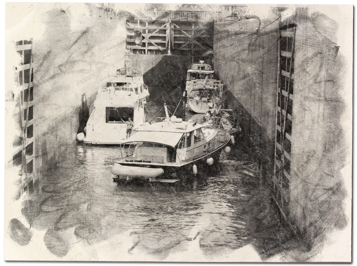 Charcoal drawing of one of the locks in the Waterford sequence of locks.