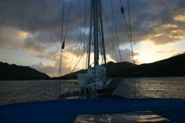 Getting ready to leave as the sun rises over St Kitts