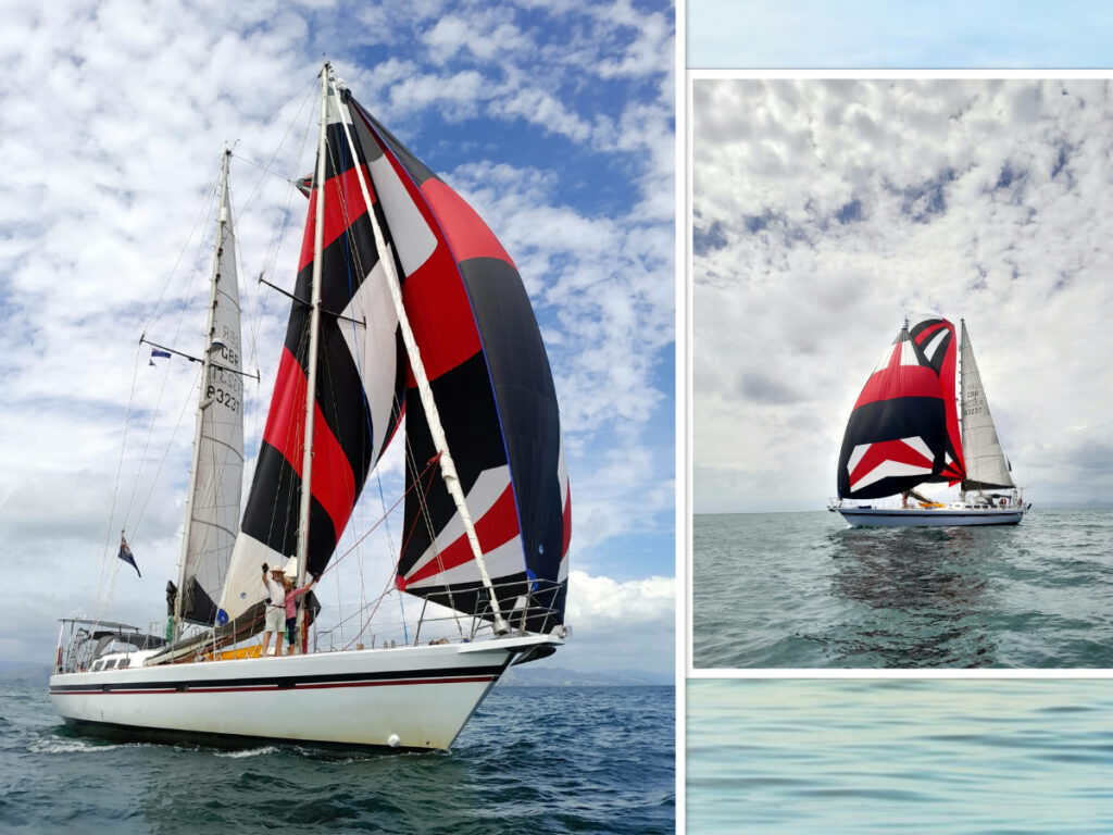 Two images of sailboat Happy Spirit II sailing downwind. Clive Carrington-Wood, co-owner and Captain, at the main mast with Stephanie Jones, co-owner